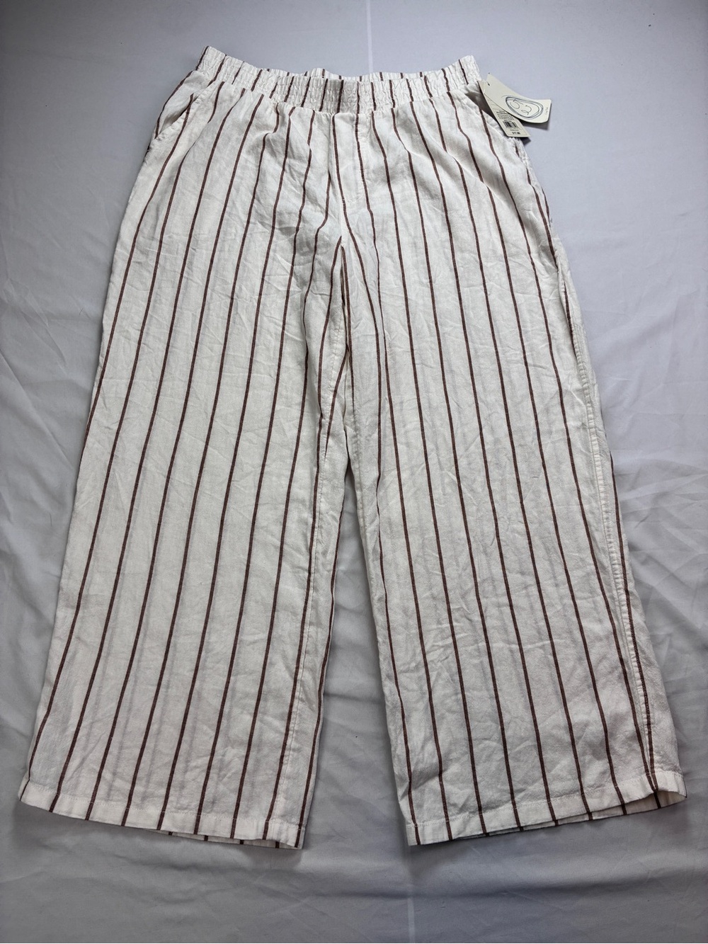 stars above Linen Blend Cream Wide-Leg Crop Pants with Brown Pinstripes Sz M